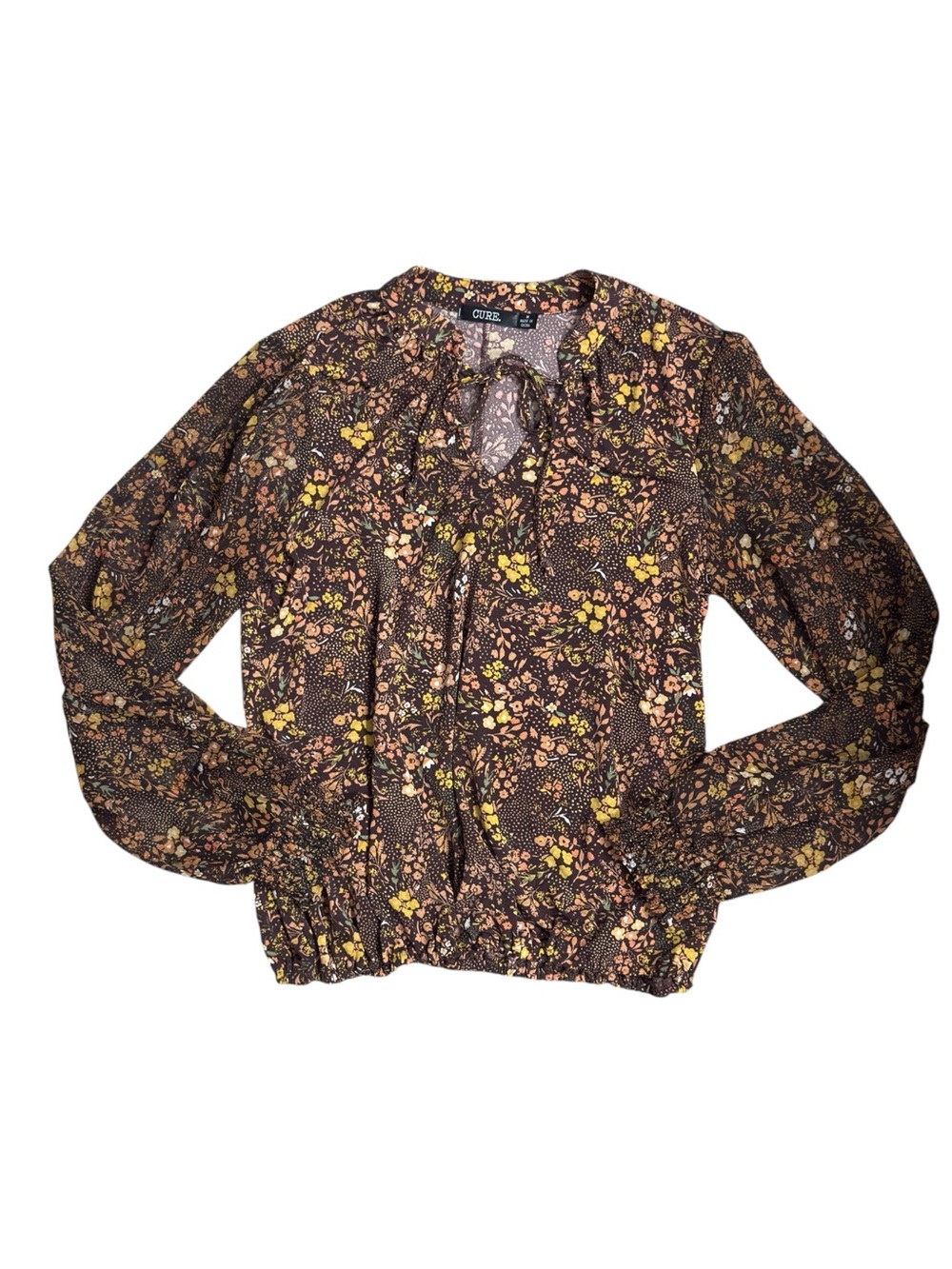 Cure. Women's Ditsy V-Neck Smocked Floral Sheer Long Sleeve Top NWOT